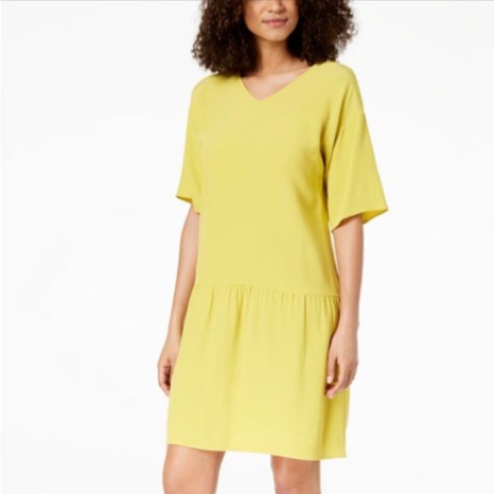 Eileen Fisher Drop Waist Shift Dress Back Tie Lagenlook in Yarrow Citron Size XS - Picture 14 of 16